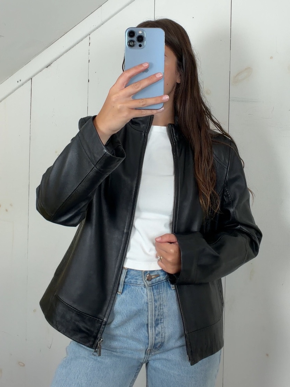 Vintage Mixit Black Genuine Leather Jacket Women’s Large Mock Neck Full Zip 90s
